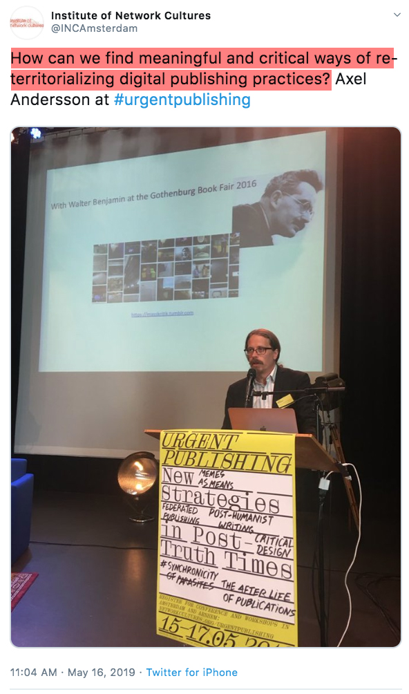 Tweet of Axel Andersson at Urgent Publishing by Institute of Network Cultures