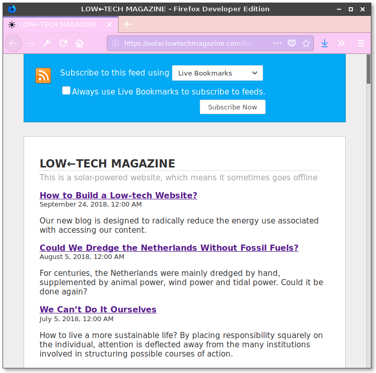 An image of the built-in feed reader of Firefox showing solar.lowtechmagazine.com's RSS feed